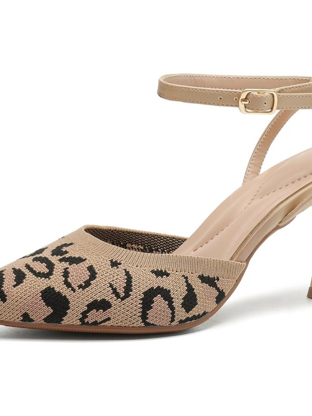 Women's Leopard Closed Toe Ankle Strap Kitten Pumps Pointed Toe Heeled Sandals
